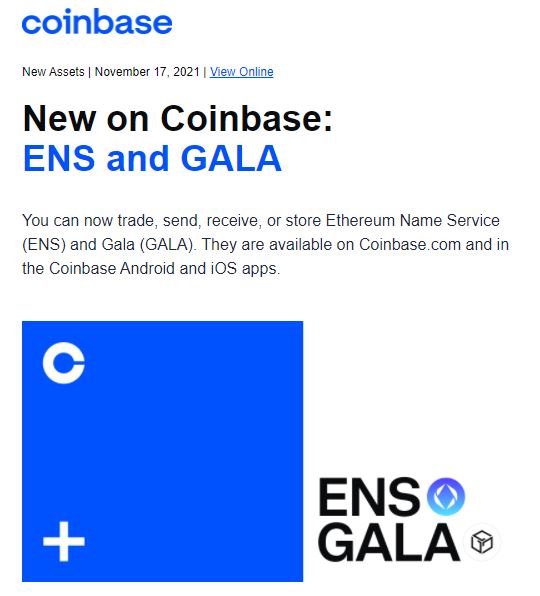 Coinbase Pro's GALA announcement